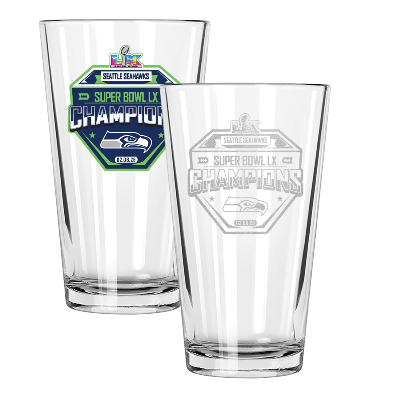 2pk 16oz Pint Glass, Direct Print/Etched, Super Bowl 60, 2026, Seattle Seahawks